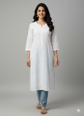 Elaasa Women Chikan Embroidery Straight Kurta(White)
