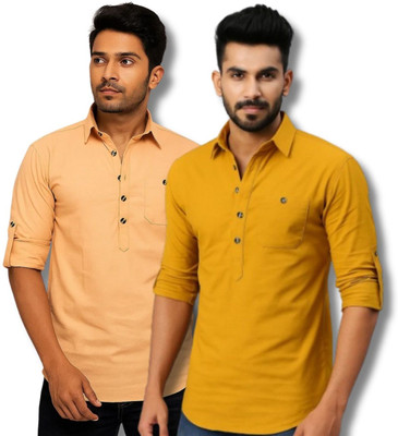 CROWNTAIL Men Solid Straight Kurta(Orange, Yellow)