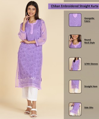 RANGAA NAWAAB Women Chikan Embroidery, Embroidered, Washed Straight Kurta(Purple)