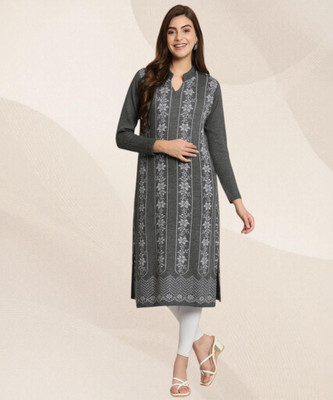 HERMISTON Women Printed Straight Kurta(Grey)