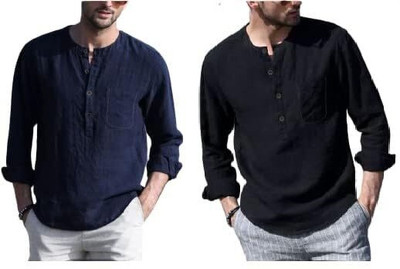 SuperTrend Men Solid Straight Kurta(Black, Dark Blue)