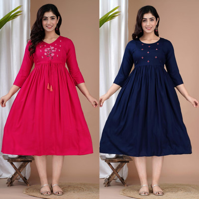 TRY ME Women Embroidered Anarkali Kurta(Pink, Blue)