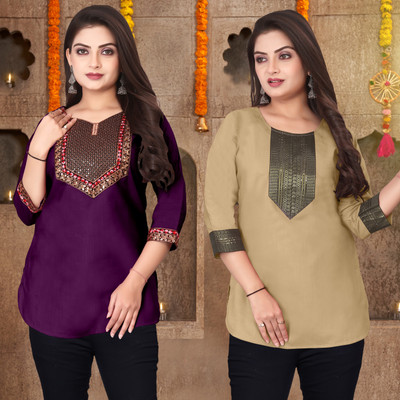 FSR Women Solid A-line Kurta(Beige, Purple)