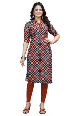 KASASKA Women Printed Straight Kurta(Orange)