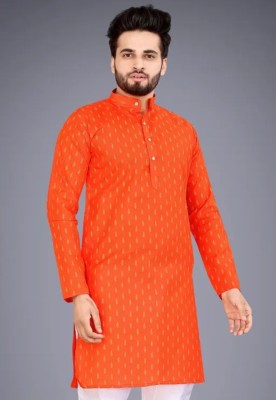 FRELURO Men Printed Straight Kurta(Orange)