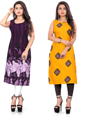tanvi creation Women Floral Print Straight Kurta(Purple, Yellow)