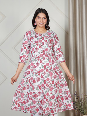 Aramya Women Floral Print A-line Kurta(White, Red)
