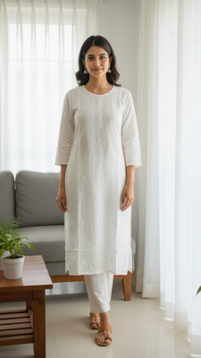 Fashionkart Women Embroidered Straight Kurta(White)