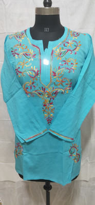 NACOLLECTION Women Chikan Embroidery Straight Kurta(Light Blue)