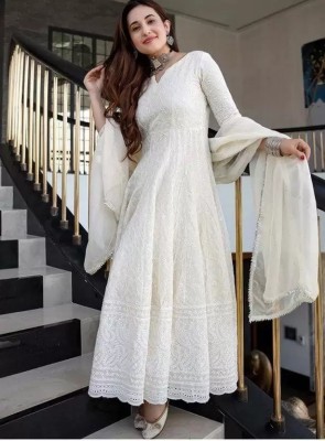 ekta creation Women Chikan Embroidery Anarkali Kurta(White)