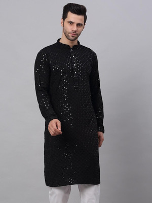 romj Men Chikan Embroidery Straight Kurta(Black)