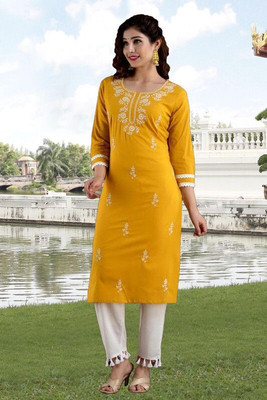 vikshi Women Chikan Embroidery Straight Kurta(Yellow, White)