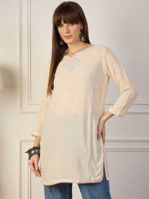VredeVogel Women Embroidered Straight Kurta(Yellow)
