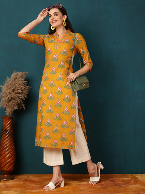 Gulmohar Jaipur Women Printed Straight Kurta(Yellow)