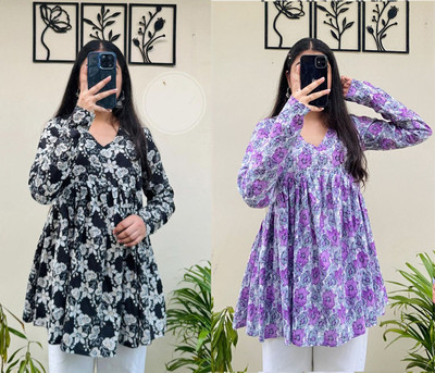 CLANGER Women Floral Print Flared Kurta(Black)