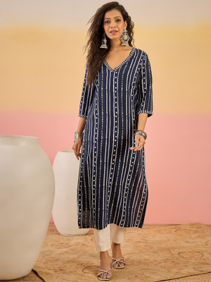 Sangria Women Abstract, Printed Straight Kurta(Blue)