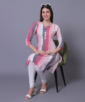 AasmaTextileAZ Women Striped A-line Kurta(Pink, White)