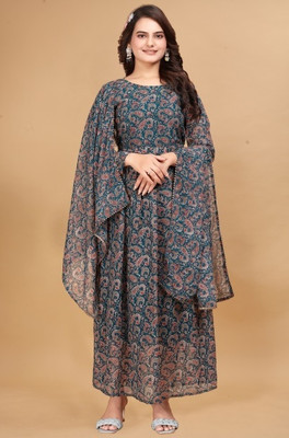 QUEUEE CREATION Women Floral Print Anarkali Kurta(Blue)