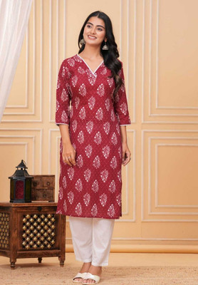 Aarohi Textile Women Floral Print Straight Kurta(Maroon)
