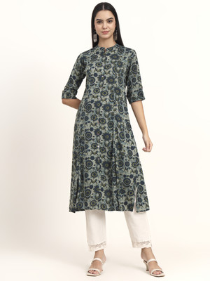 DIVENA Women Floral Print A-line Kurta(Grey)