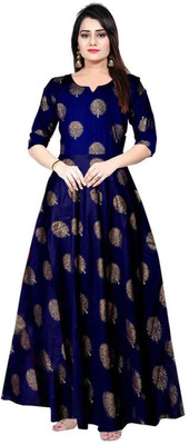 Jamshe Women Printed Flared Kurta(Dark Blue, Gold)