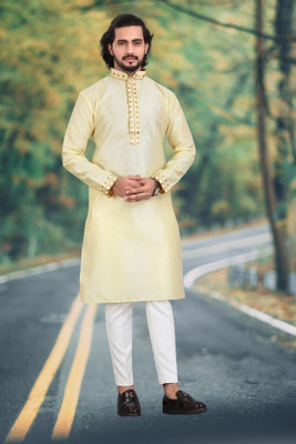 Manya Creation Men Solid A-line Kurta(Yellow)