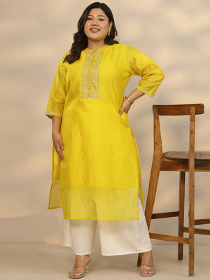 EXTRA LOVE BY LIBAS Women Embroidered Straight Kurta(Yellow)