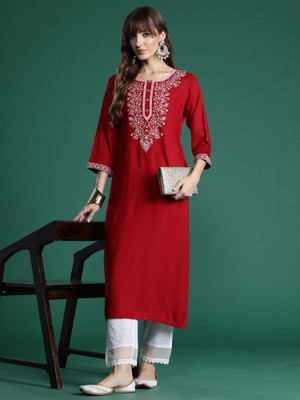 Indo Era Women Embroidered Straight Kurta(Maroon)