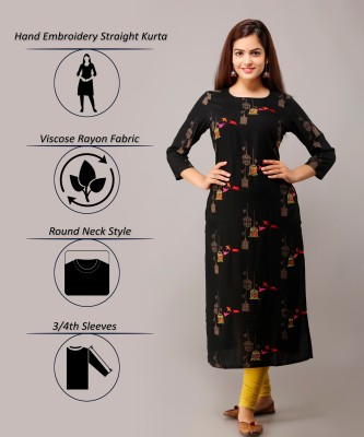 Nehamta Women Self Design Straight Kurta(Black)