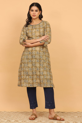 Folksong Women Floral Print A-line Kurta(Yellow)