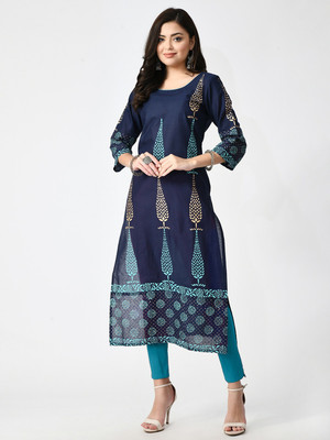 Alexa India Women Block Print A-line Kurta(Dark Blue)