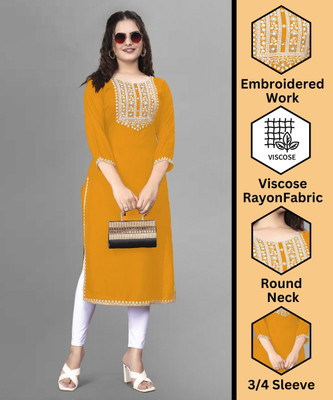 RANGRAIL Women Embroidered Straight Kurta(Yellow)