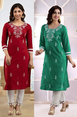 vikshi Women Chikan Embroidery Straight Kurta(Multicolor)
