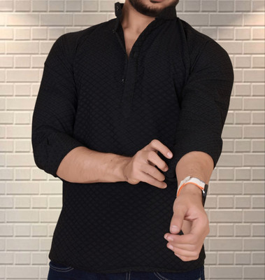 mvff Men Solid Straight Kurta(Black)