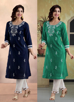 vikshi Women Chikan Embroidery A-line Kurta(Multicolor)