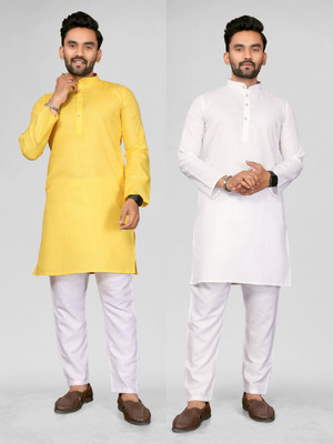 ANAND Men Solid, Self Design A-line Kurta(Yellow, White)