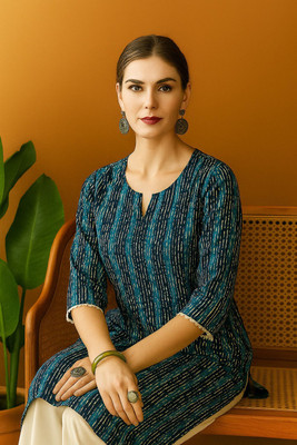 Gvastra Women Printed A-line Kurta(Dark Blue)