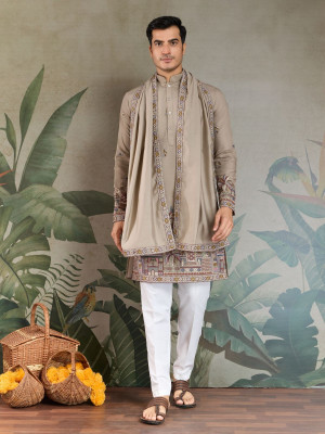 odette Men Embroidered Straight Kurta(Beige)