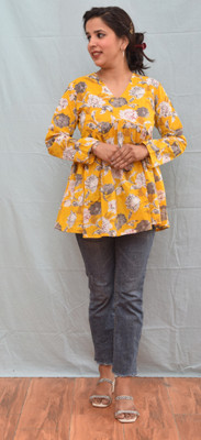 SILA SILAYA Women Floral Print Anarkali Kurta(Yellow)