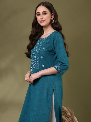 ANOUK Women Embroidered Straight Kurta(Blue)