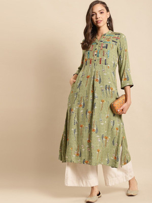 all about you Women Printed A-line Kurta(Green)