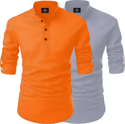 LIRMO Men Printed Straight Kurta(Orange, Grey)