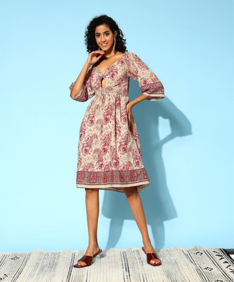 Runway Dreams Women Printed Ethnic Dress Kurta(Beige)