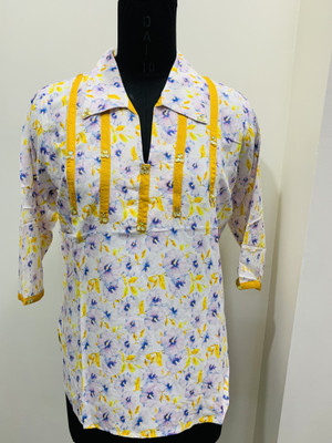 LEEZA Women Floral Print, Printed Tunic Kurta(White)