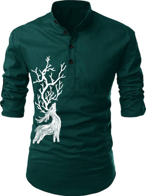 hfm Men Animal Print Straight Kurta(Green)