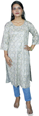 ATCOLLECTIONS Women Printed Straight Kurta(Grey)
