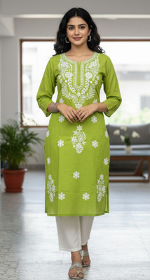 ChikankariArts Women Chikan Embroidery, Embroidered Straight Kurta(Purple)