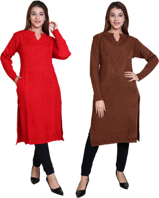 Japroz Women Embellished Straight Kurta(Brown, Red)