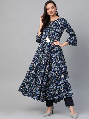 Yash Gallery Women Floral Print Anarkali Kurta(Blue)