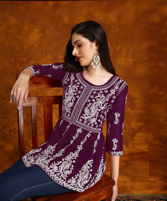 Youthnic Women Chikan Embroidery Flared Kurta(Purple)